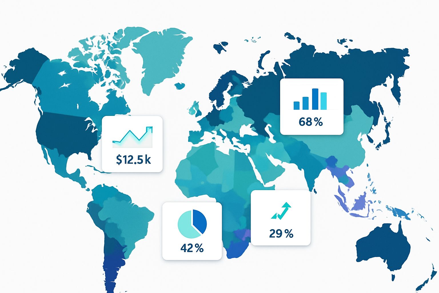World map with blue and teal regions and dashboard widgets highlighting SaaS market expansion