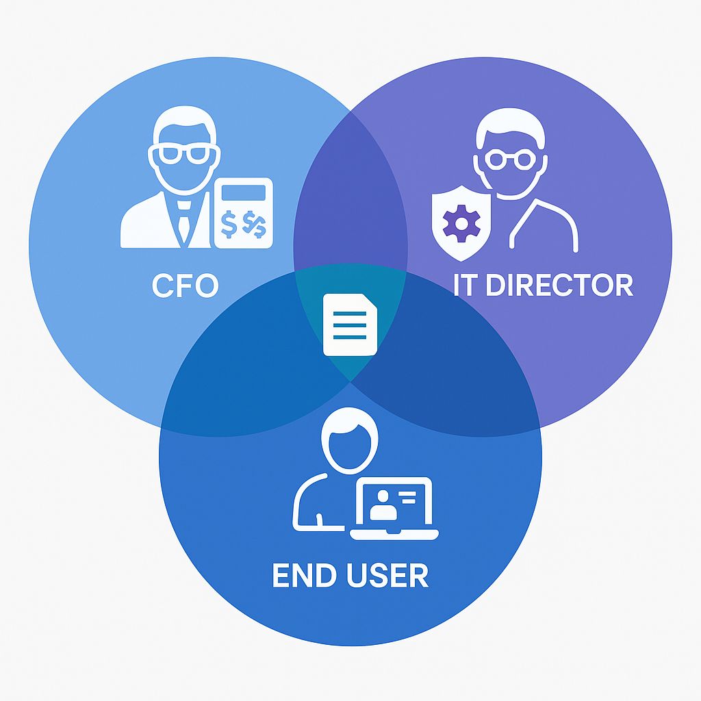 Venn diagram with icons for CFO, IT Director, and End User, center highlighted in teal