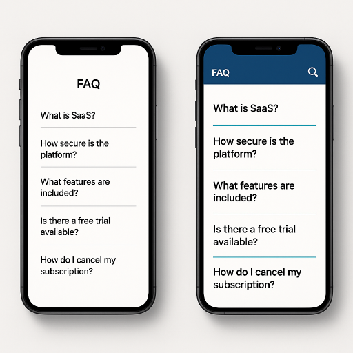 Side-by-side comparison of poorly optimized versus well-designed SaaS mobile FAQ page on smartphones